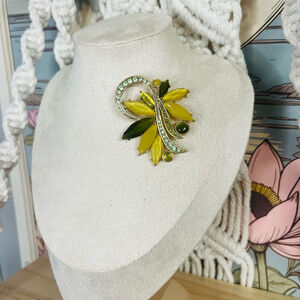 Vintage Green & Yellow Brooch Acrylic‎ Midcentury Retro Glam Fashion Style